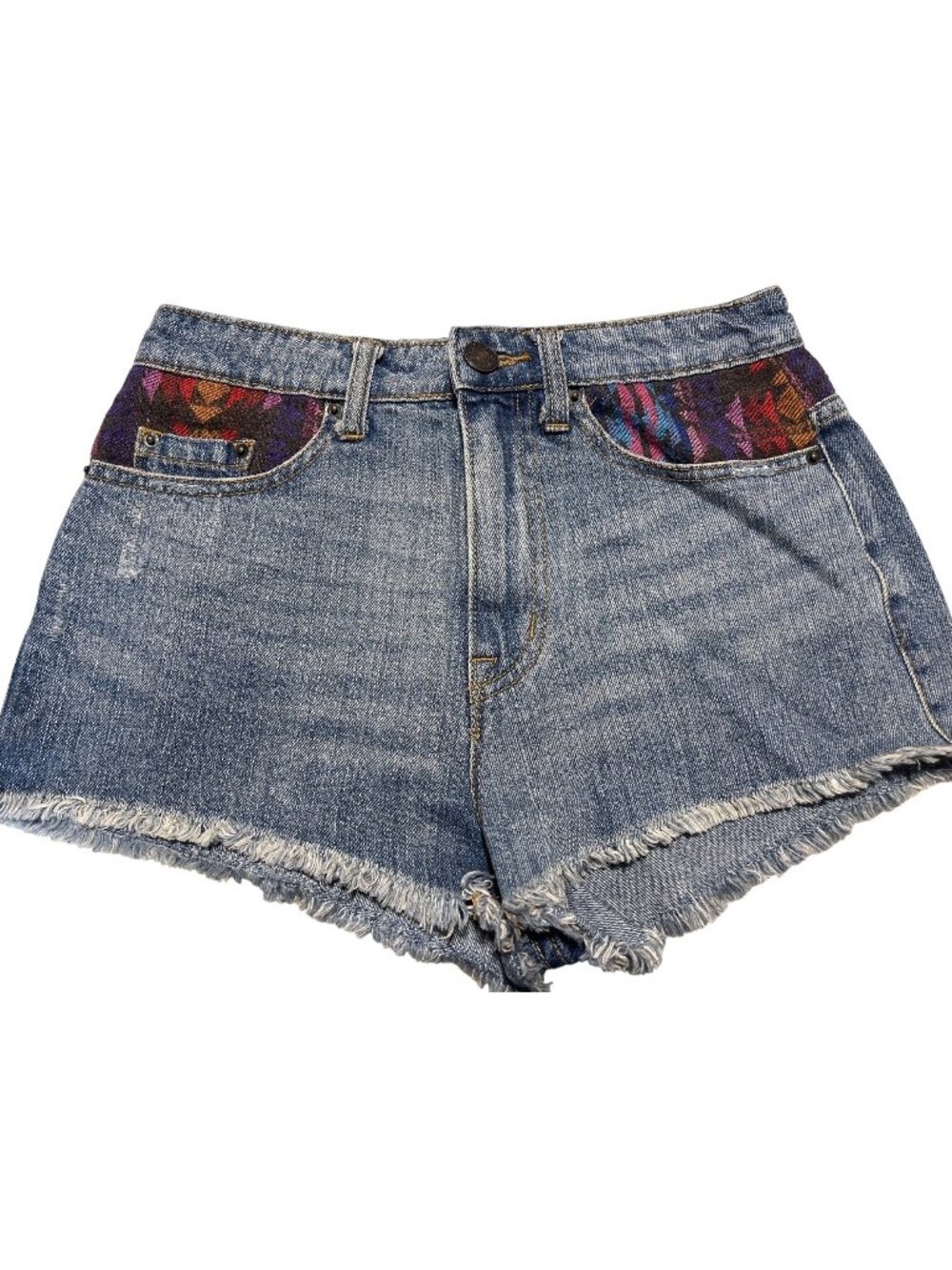 BDG Size 26W High-Rise Dree Cheeky Denim Shorts With Aztec Print Pockets & Fraye